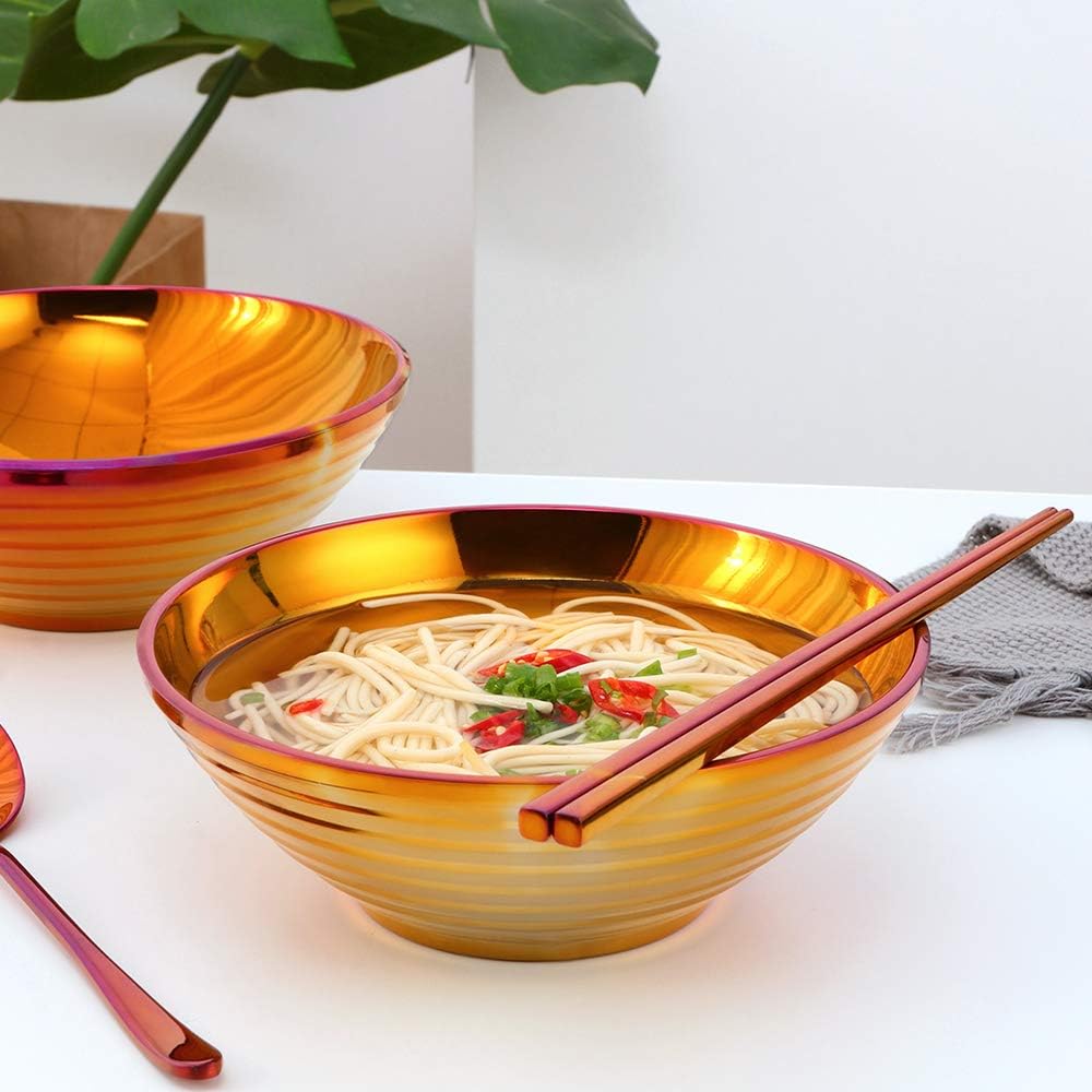 QIBORUN 2 Pack 18/8 Stainless Steel Bowl Soup Bowl Stainless Steel Ramen Bowls Includes Chopsticks Stands And Spoons Japanese Style Soup Bowl for Home Restaurant -Red