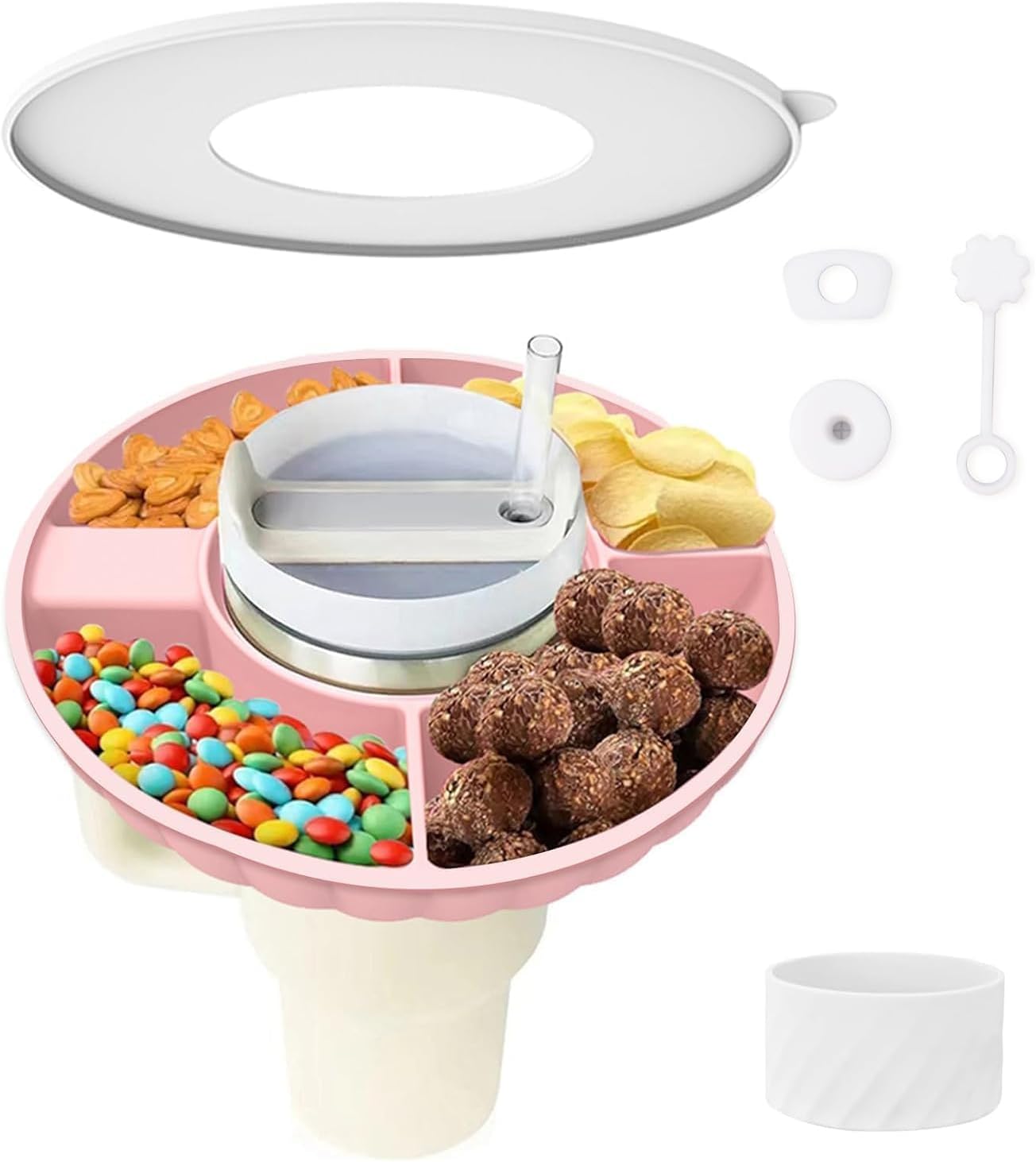 Silicone Snack Tray with Lid for Stanley Cup 40 oz, Pink Snack Bowl for 40oz Tumbler with handle, Stanley Cup Accessories with Spill Stopper Set and Protective Boot for Car Cup Holder Home Party Silicone Snack Tray with Lid for Stanley Cup 40 oz, Pink Snack Bowl for 40oz Tumbler with handle, Stanley Cup Accessories with Spill Stopper Set and Protective Boot for Car Cup Holder Home Party