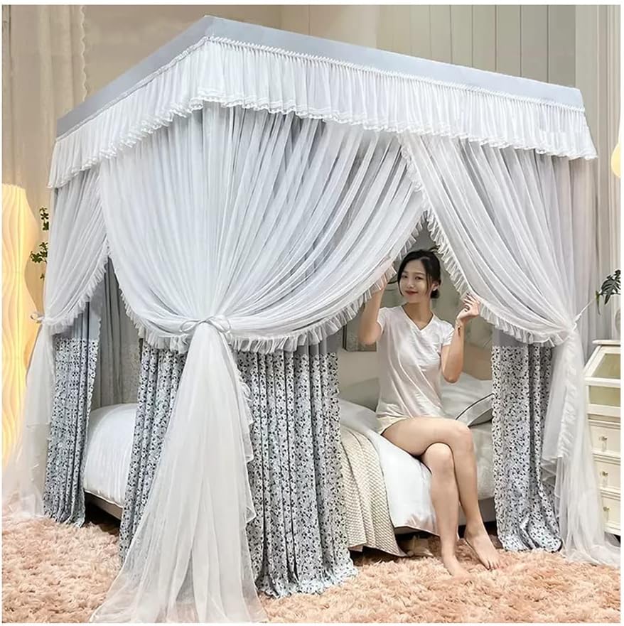 Double Bed Canopy Mosquito Net for Single Double Bed, Princess Room Bedroom Romantic Decoration Bed Curtain, with Metal Bracket (E 200X220Cm) (E 150X200Cm)/E/120 * 200Cm