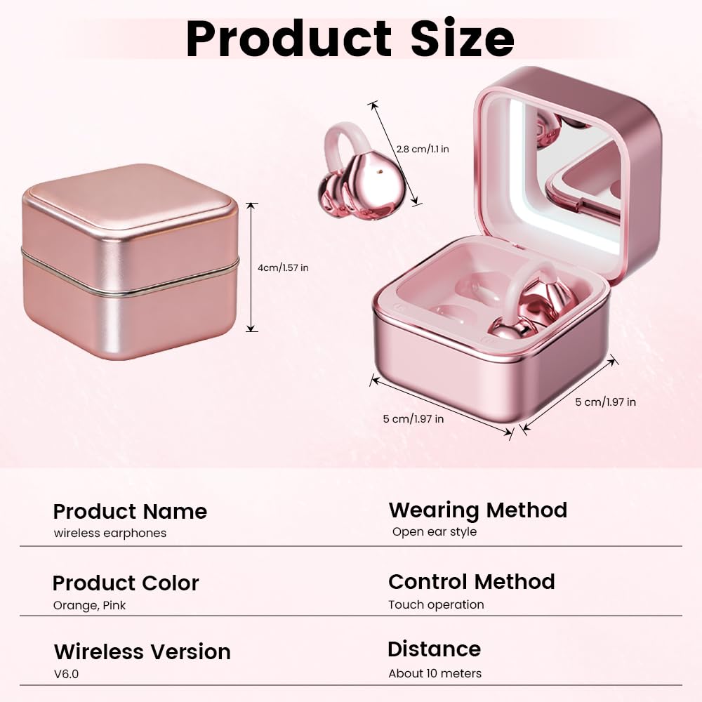 Cuffie auricolari a clip con specchio per il trucco, auricolari aperti senza fili Bluetooth, sicuri e non cadono, durata della batteria ultra lunga, per telefoni Android/iOS (oro rosa)
