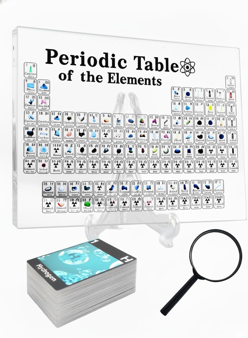 Periodic Table of Elements with 83 Real Elements – Acrylic Periodic Table Display, 7.48 x 5.7 in, Includes 118 Element Cards & Magnifying Glass, Science Gifts for Teachers, Kids & Chemistry Lovers