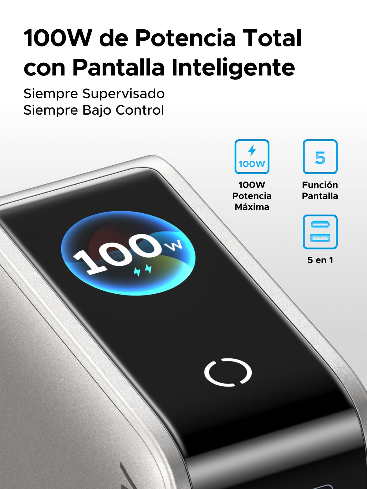 UGREEN Nexode Pro Cargador USB C 100W Carga Rápida Pantalla TFT | 5 Puertos Compatible con iPhone 17 Pro MAX Air 16 15 14 13 Galaxy PPS 45W S26 25 24 Pixel 10 iPad MacBook M5