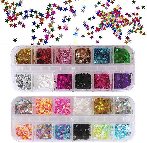 EBANKU Star Glitter Confetti, 24 Boxes Colorful Stars Holographic Sequins Laser Glitter Nail Art Flakes Nail Glitter 3D Manicure Decals Nail Decoration