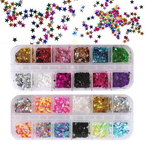 Ebanku Star Glitter Confetti, 24 Boxes Colorful Stars Holographic Sequins Laser Glitter Nail Art Flakes Nail Glitter 3D Manicure Decals Nail Decoration #TOP3