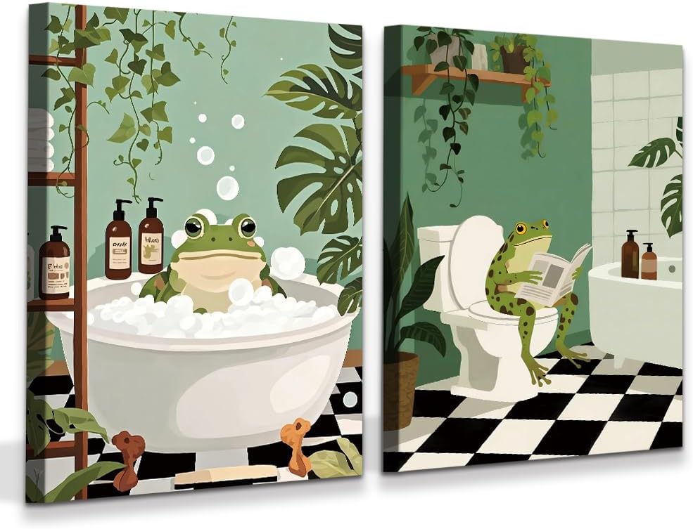 2pcs Funny Frog Bathroom Canvas Wall Art,Funny Frog in Tub Wall Decor&Sitting on Toilet Decor,Eclectic Animal Poster Canvas Prints,Maximalist Green Bathroom Artwork Decor Pictures Framed 12x16in