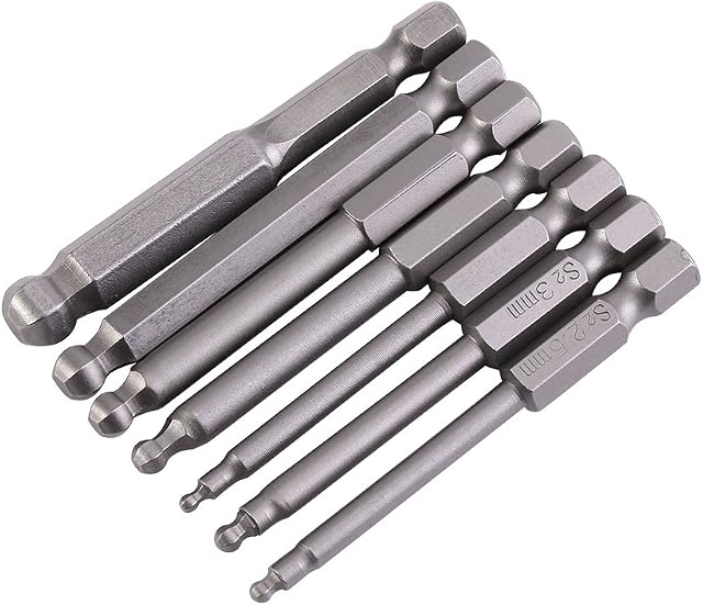 Screwdriver Bits Ball, Akozon Magnetic Ball Screwdriver Bits Hex Shank 7 Pieces 1/4 inch Hex Shank 65mm Screwdriver Ball End Head Hexagon Hex Set