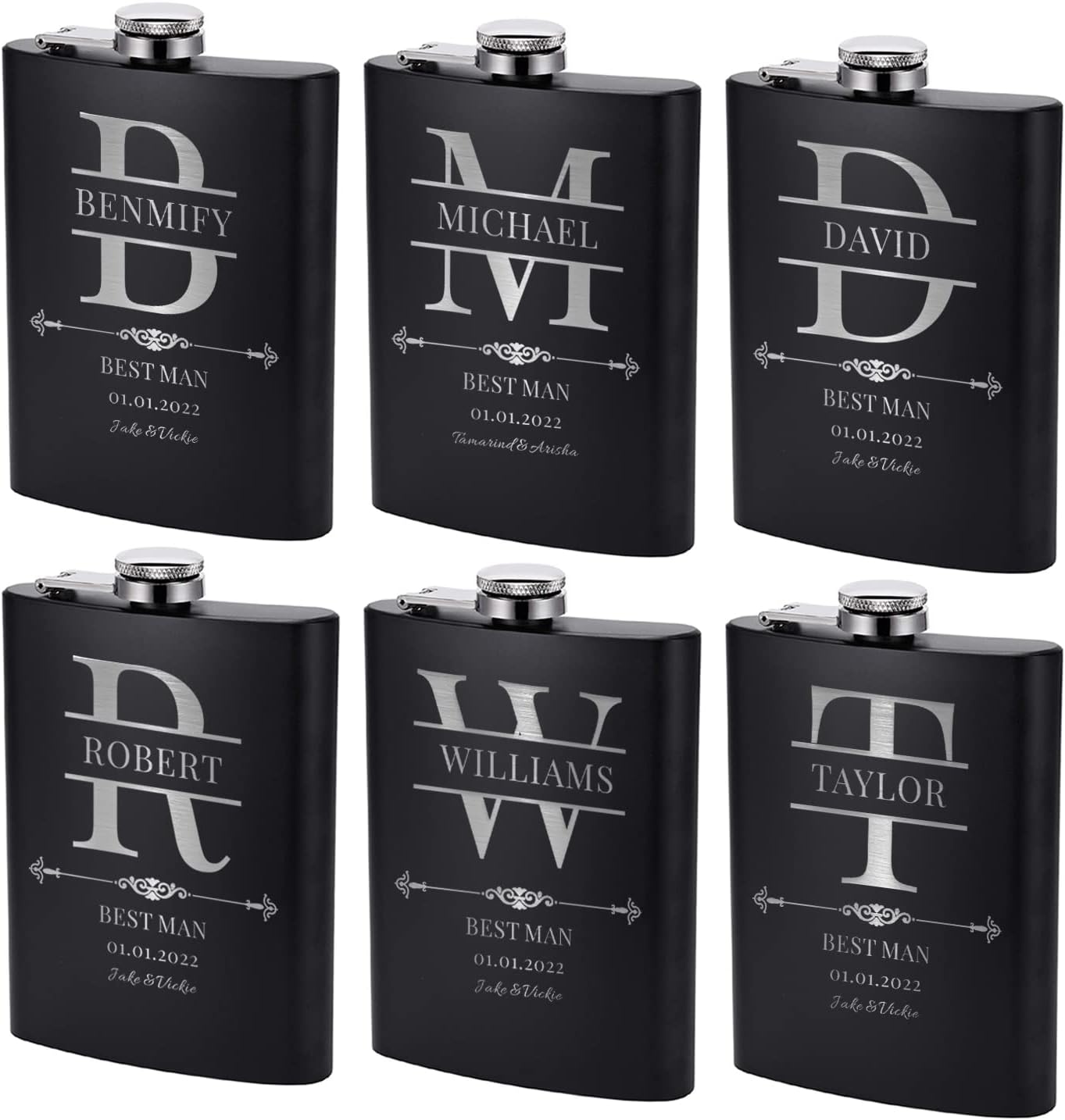 Set of 6, Groomsmen Flask, Personalized Groomsman Gift for Wedding, Customized Engraved 8 oz Hip Flask w Optional Gift Box Custom Steel Stainless Flask for Best Man and Groomsman