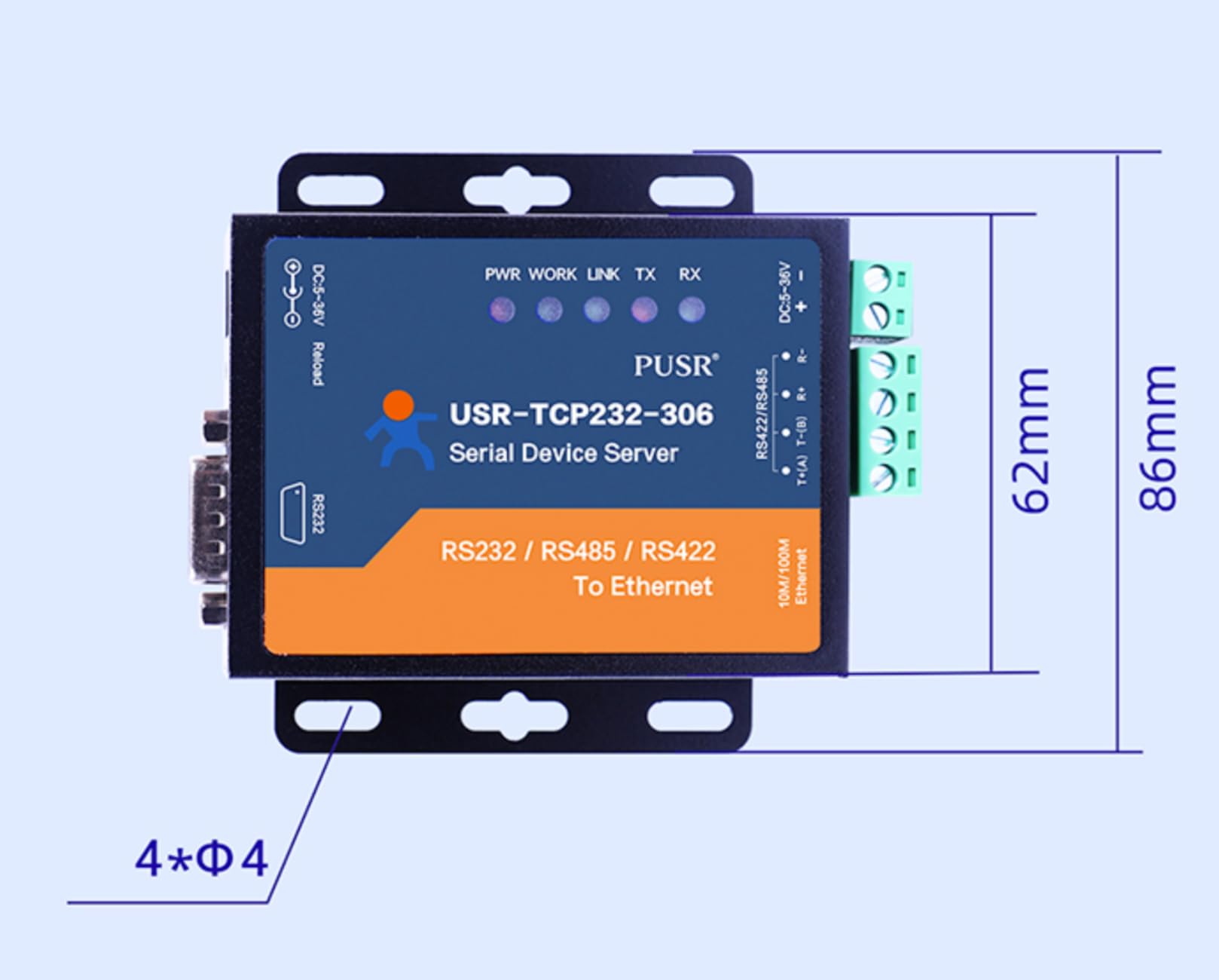 USR-TCP232-306 Serialer Ethernet-Konverter, LAN TCP/IP zu RS232/RS485/RS422-Geräteserver mit breiter 5-36V Gleichstromversorgung, HTTPD-Client-Unterstützung