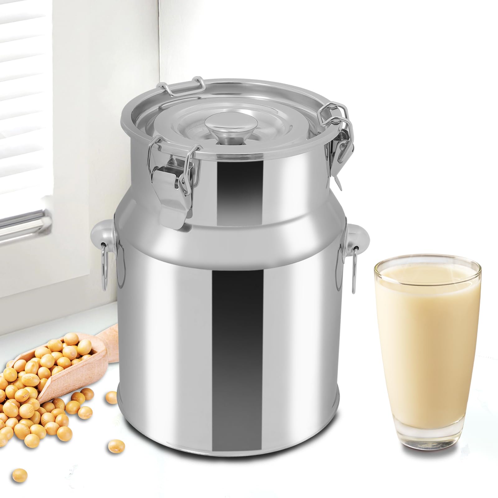 Jarra de leche de acero inoxidable de 5 litros, hermética (201) con cierre de cuatro puntos y junta de silicona, para leche, vino, aceite, zumo, almacenamiento de alimentos con gran capacidad para el