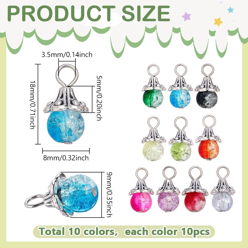 PH PandaHall 100pcs Crystal Dangle Charms Pendants 10 Colors Clear Crackle Beads Glass Drop Beads with Silver Findings for Earring Necklace Bracelet Jewelry Making DIY Craft, 18mm Long - Image 2