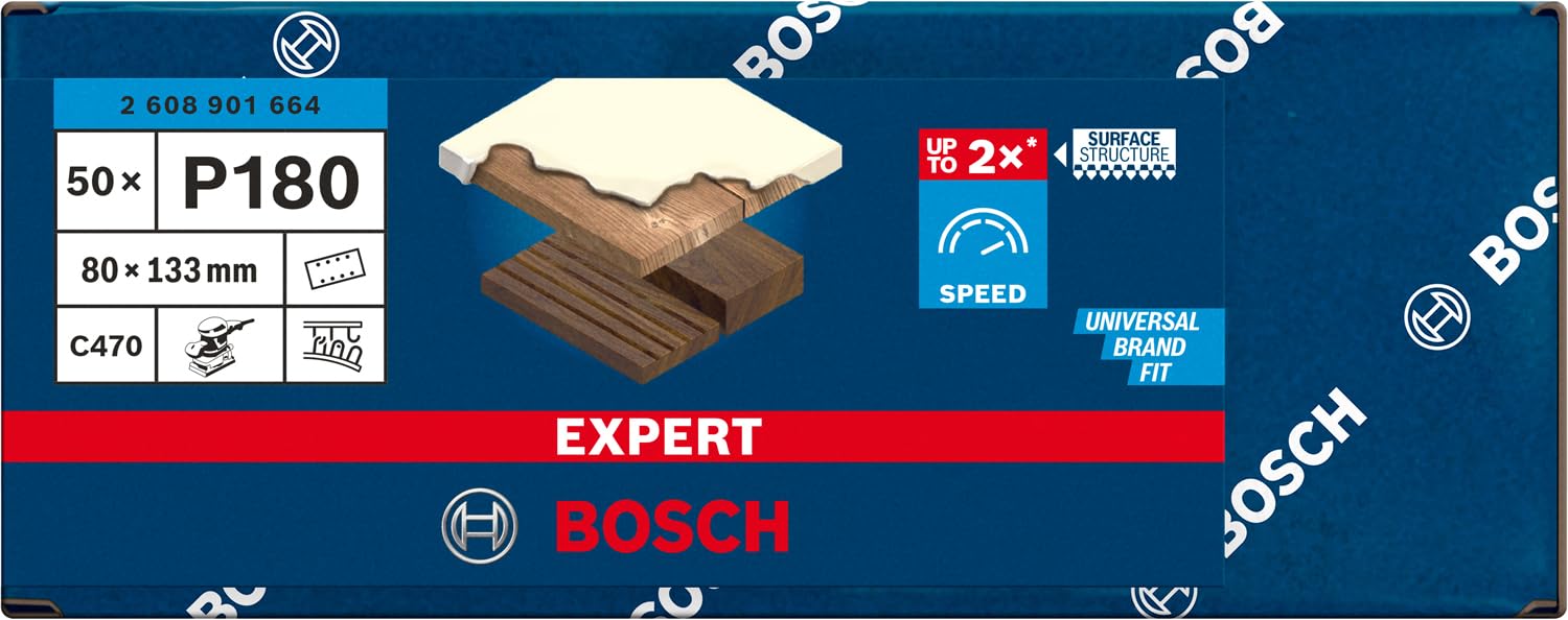 Bosch 50 hojas de lija Expert C470 con 8 agujeros (para pintura sobre madera, madera dura, diámetro de 80 x 133 mm, grano 180, accesorio profesional lijadora orbital)