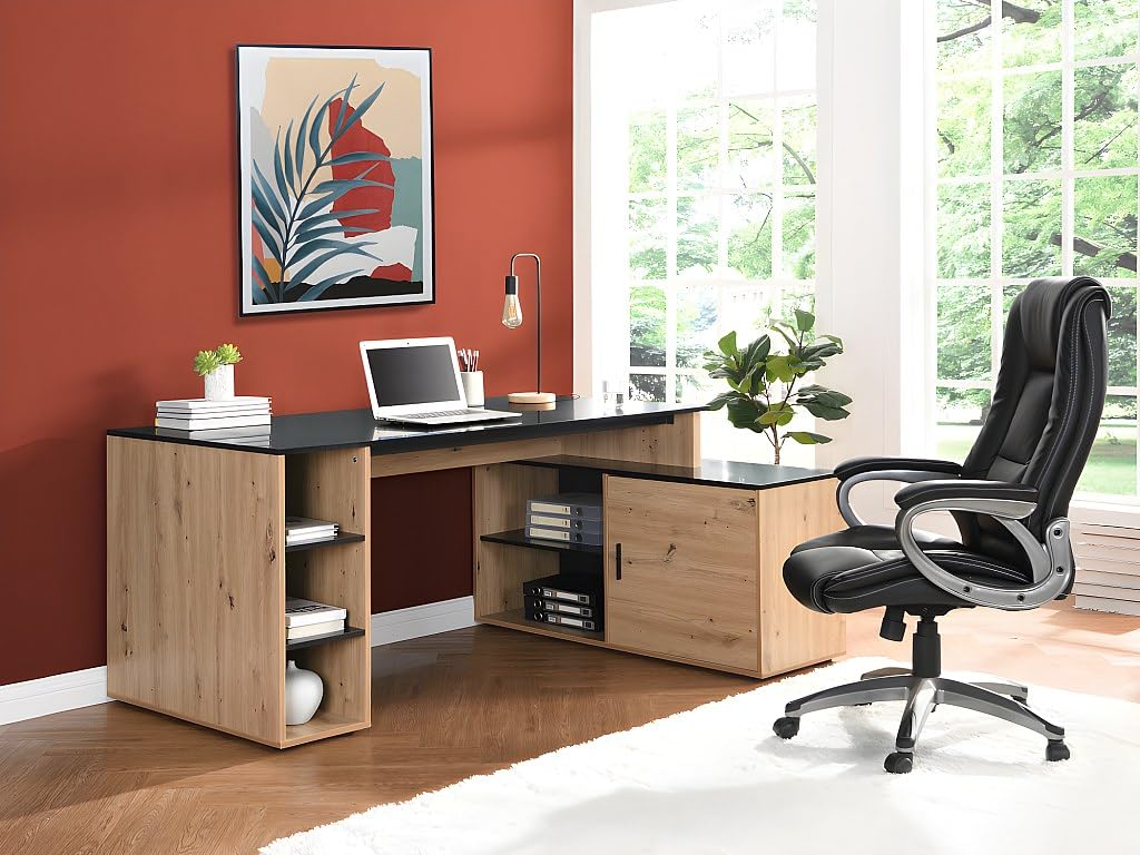 Bureau d'angle avec espace de rangement - MDF - Noir & Naturel - ROMIARA