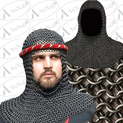 Image of AnNafi Chainmail Coif Iron Steel U-Neck Chain Mail Hood Medieval Templar Crusader Re-enacment Armor Costume Black Coif Armour Wearable For Adult Replica Costumes For SCA LARP Reenactment