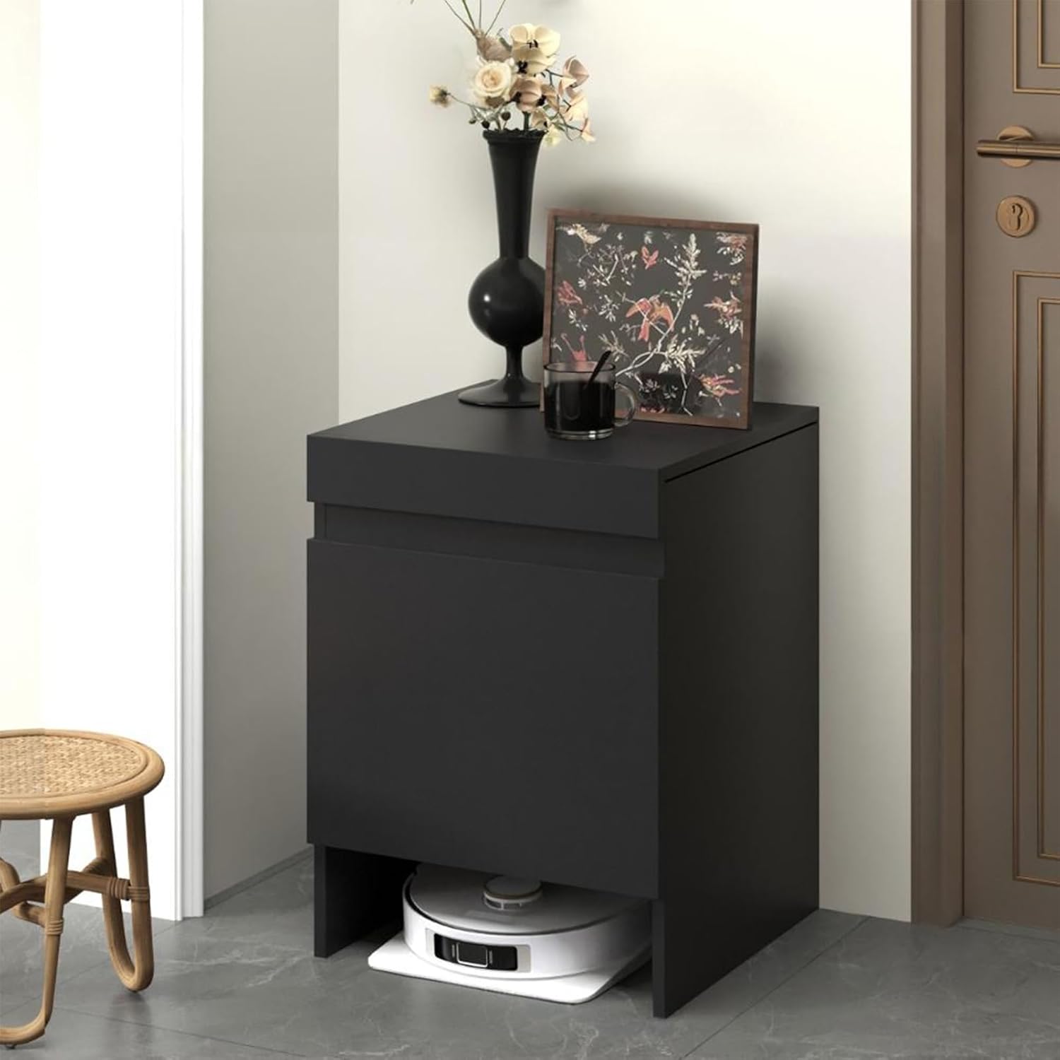 Robot Vacuum Storage Cabinet - Hidden Vacuum Stand for Sweeping Robots, Space-Saving Nightstand & Side Table for Living Room & Home Office (Black, 50x67cm/19.7x26.4in)