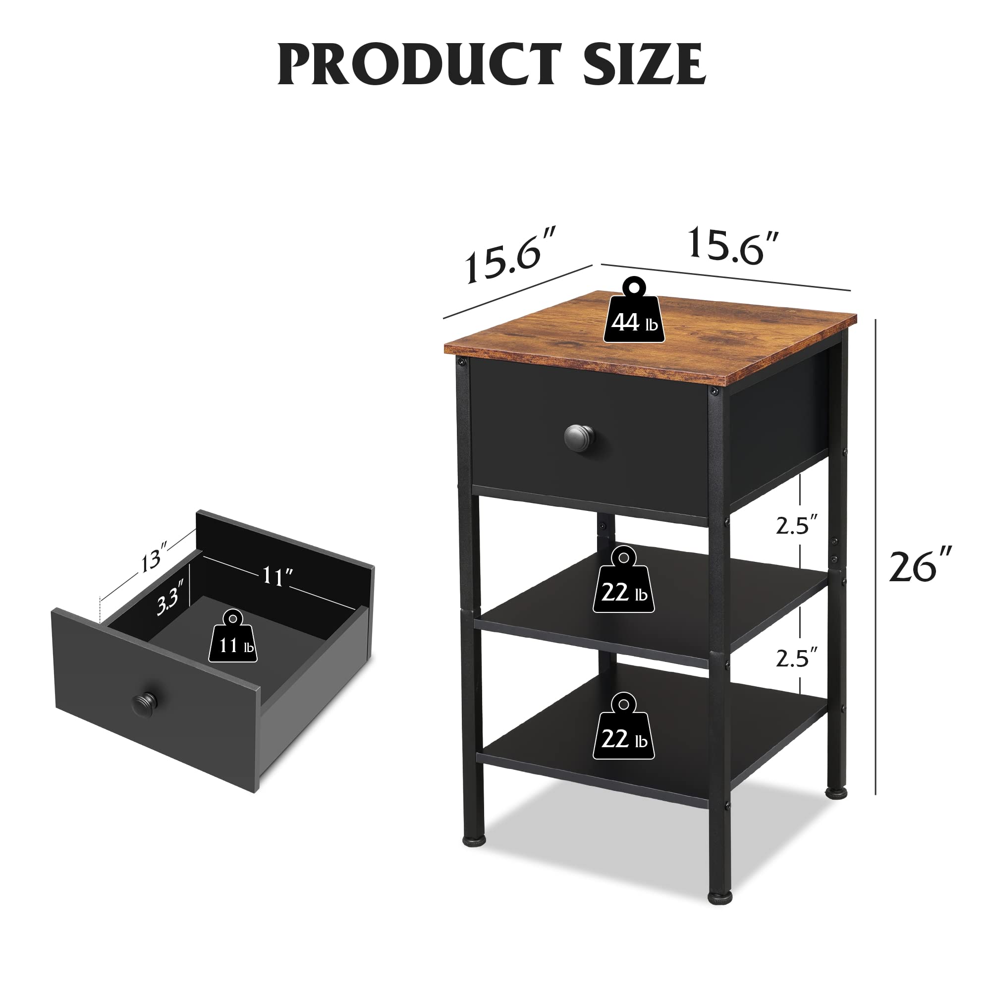 WLIVE Nightstands Set of 2, End Tables with Storage, 3Tier Bedside