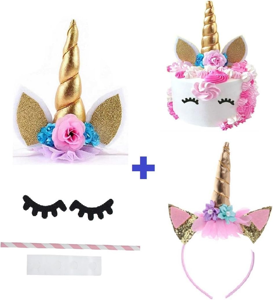 Prime Arts USA | 3D Unicorn Cake Topper with Eyelashes and Headband | DIY Unicorn Party Supplies Cake Decoration Kit for Birthday, Baby Shower, Wedding, Etc.
