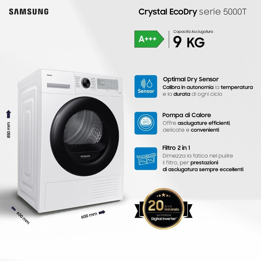 Samsung Asciugatrice Crystal EcoDry DV90CGC2A0AH/ET, 9 kg, Pompa di Calore, Wifi, Sensore Optimal Dry, Filtro 2 in 1, Carica Frontale, 60L x 85H x 62P cm