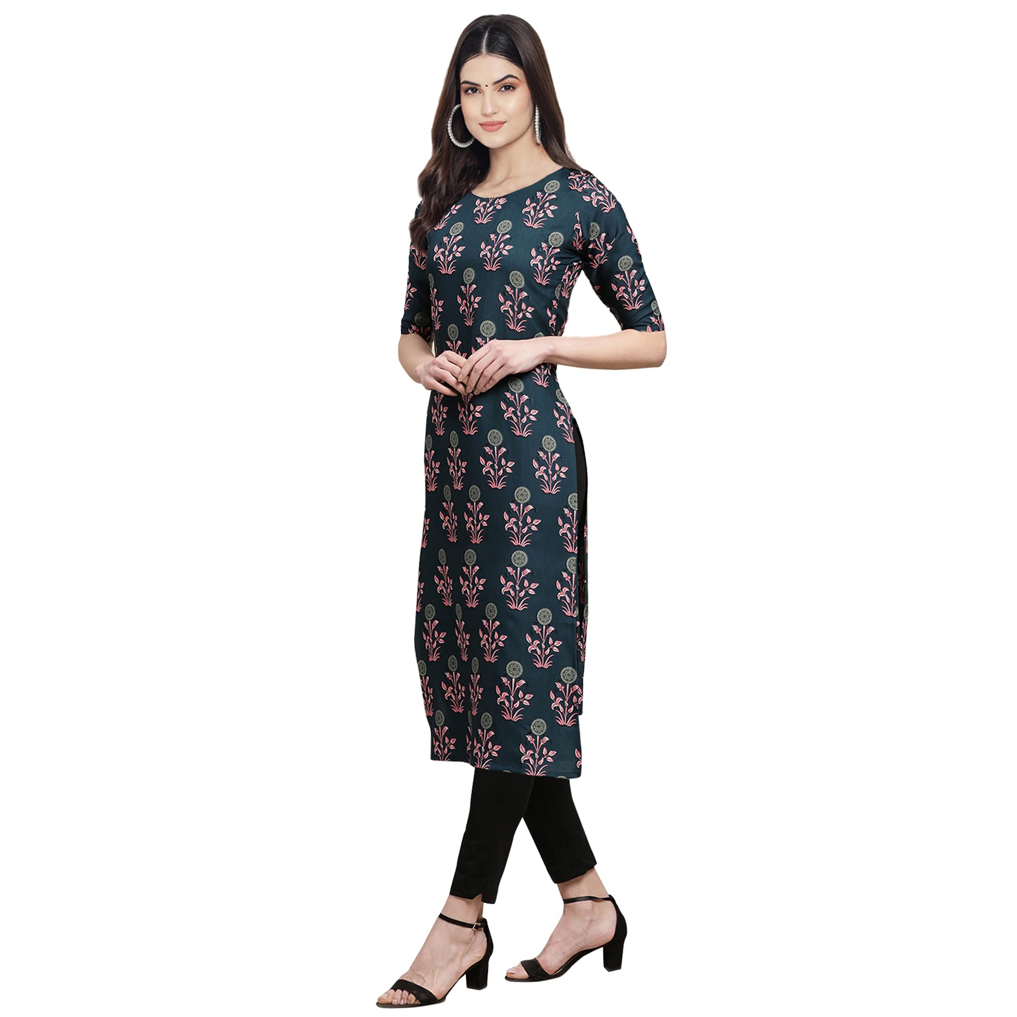 Pinkmint Women's Crepe Teal Color Floral Printed Straight Kurti (530335-M)