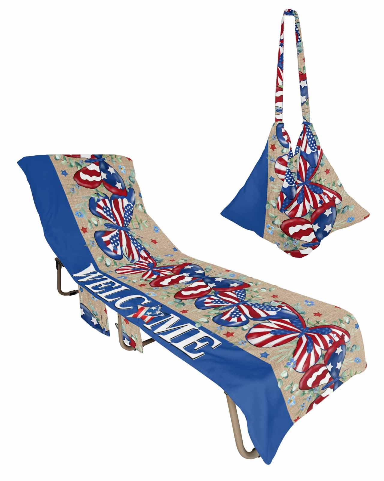4th of July Butterfly Beach Lounge Chair Towel Cover, Soft Chaise Lounge Towel with Side Pockets Patio Pool Chairs Cover for Beach/Pool Sunbathing 29x85 Blue Red Star Welcome Retro Botanical