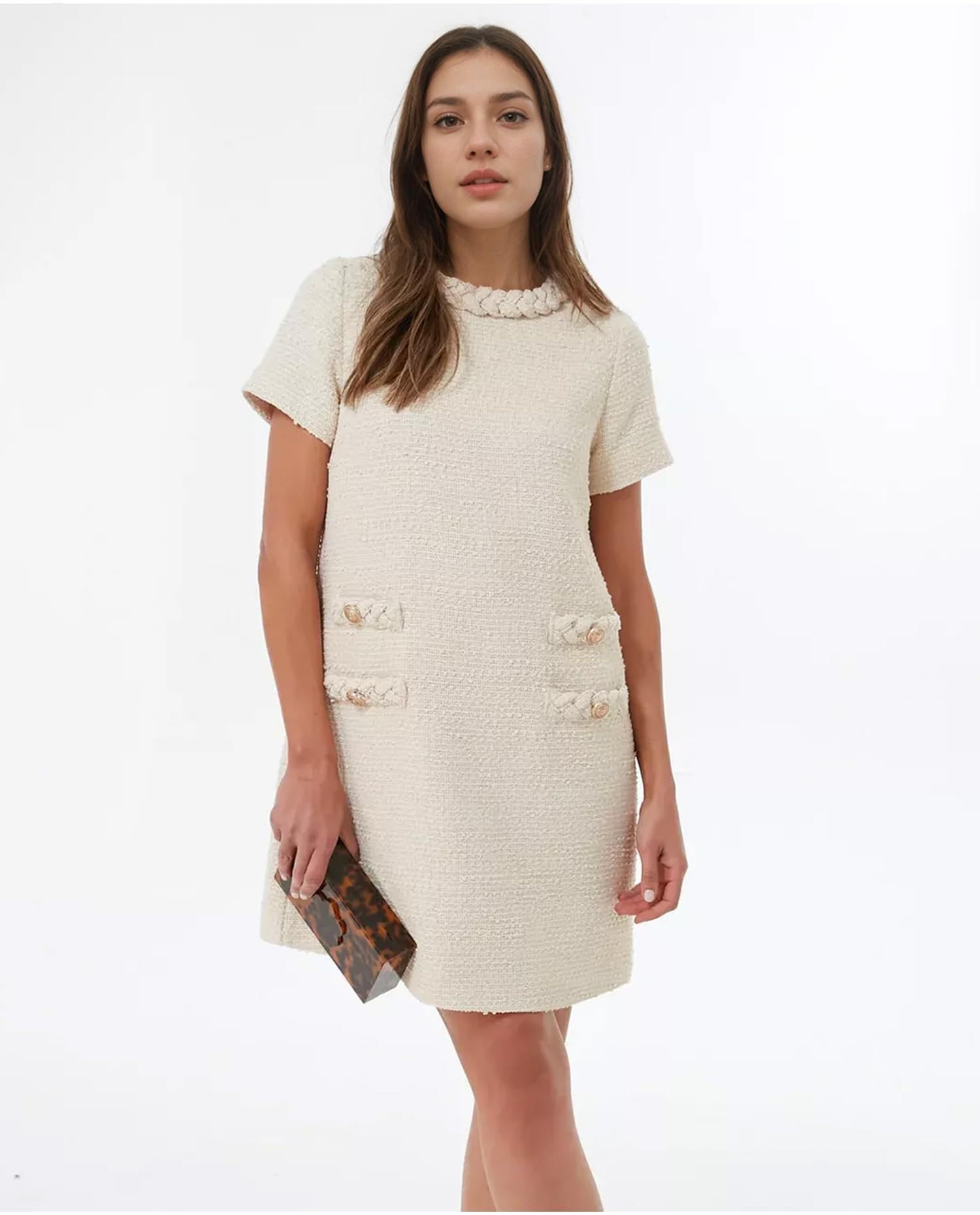 Damen Tweed Kleid Kurze Ärmel Crew Neck A-Linie Party Vintage Minikleid Causal Dresses