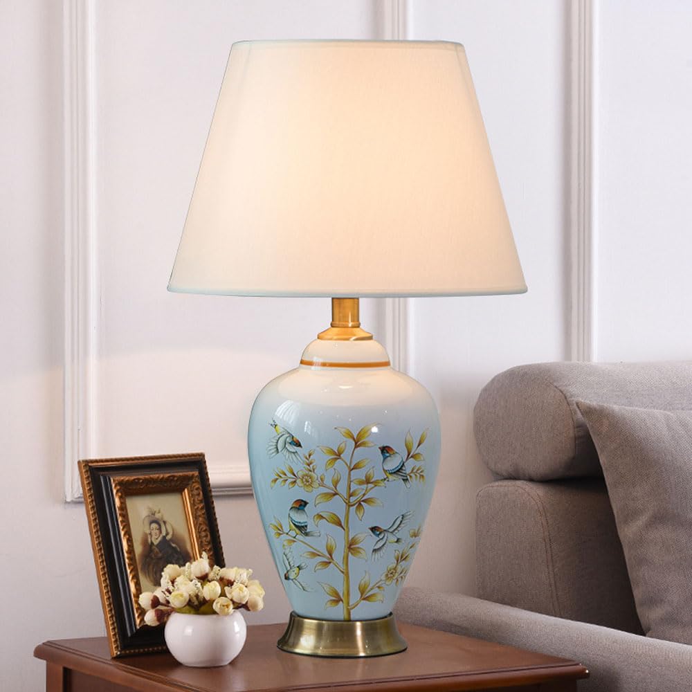 asdchZen 21.6" Table Lamp Porcelain Ceramic Table Lamp Vintage Hand Drawn Flower And Bird Pattern Ginger Jar Decor Desk Lamp Bedside Nightstand For Living Room Bedroom House Home,B