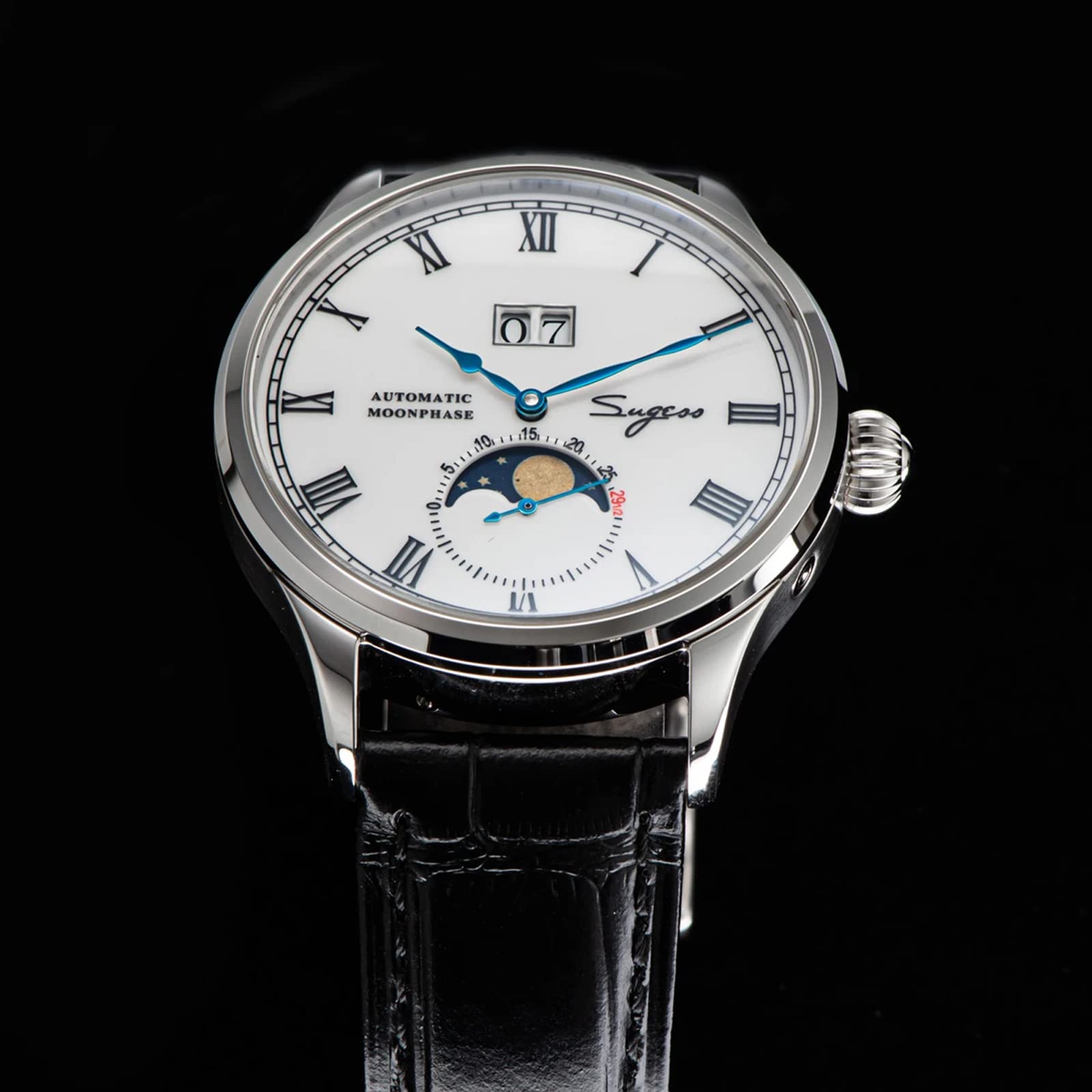 Sugess SU2528SS MoonPhase Master Seagull ST2528 Movimiento zafiro cristal reloj mecánico automático de los hombres 1963, negro, 41mm, Correa