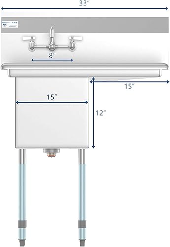 Miniatura 8 de KoolMore SA151512-15R3FA - Fregadero de cocina comercial NSF de acero inoxidable con 1 escurridor derecho, patas cruzadas y grifo, tamaño del tazón