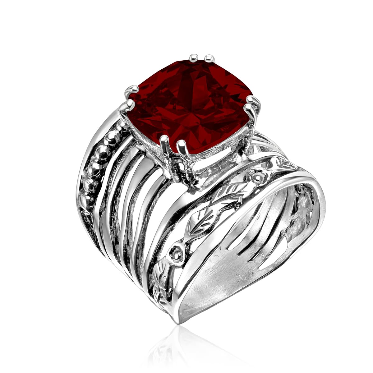 JEAN RACHEL JEWELRY 925 Sterling Silver Ring with 12mm Cushion Shaped Cubic Zirconia Vintage Design - Hypoallergenic, Lead & Nickel Free - Artisan