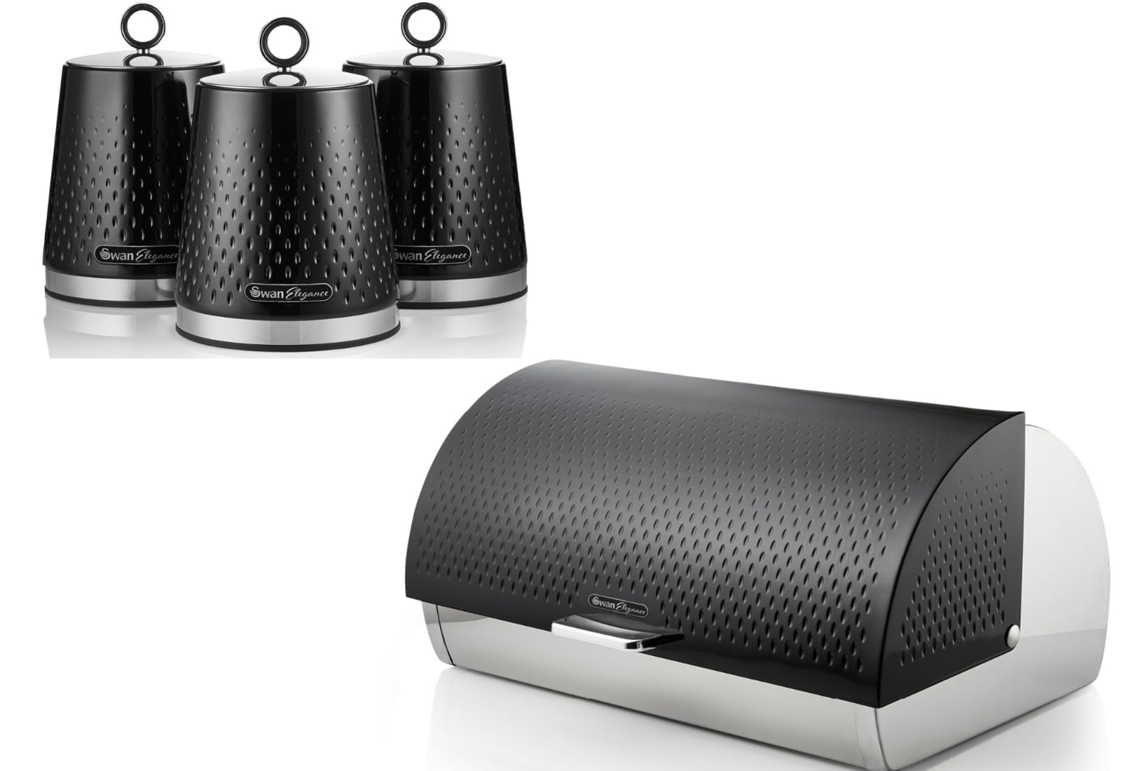 Swan Elegance Black 14L Roll-Top Breadbin With 3 X 1.3L Tea Coffee Sugar Canisters Kitchen Storage Set from B&Q