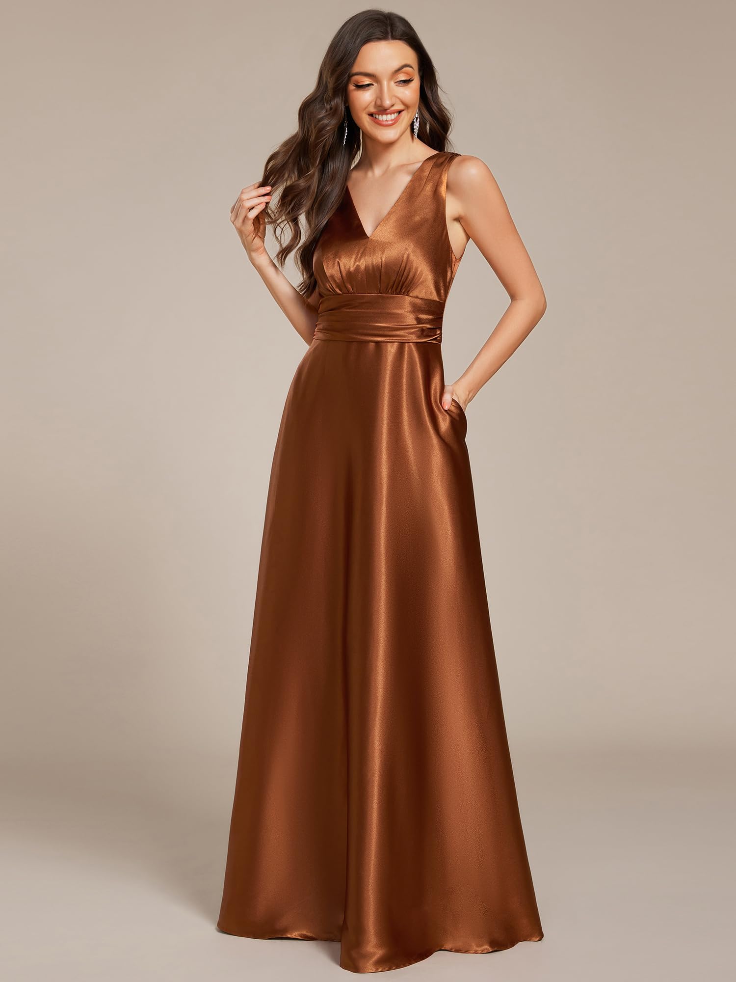 Ever-Pretty Abito Cerimonia Donna Eleganti Lungo Raso Senza Maniche Abito Damigella d'Onore Vestito Elegante Scollo a V ES02326