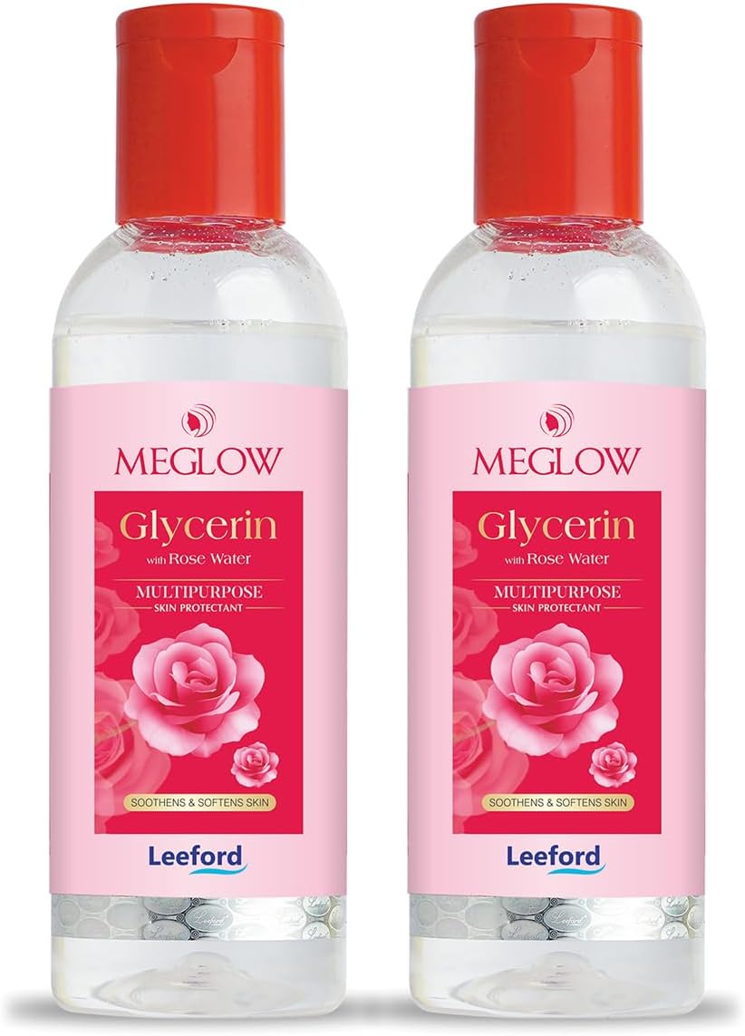 Meglow by Leeford | Glycerin with Rose Water | Rose Water for Face | Gulaab Jal for men & women | Cleanses, Hydrates & Moisturises Skin | Balances & Restores Skin's pH Levels - 100mL (Pack of 2)