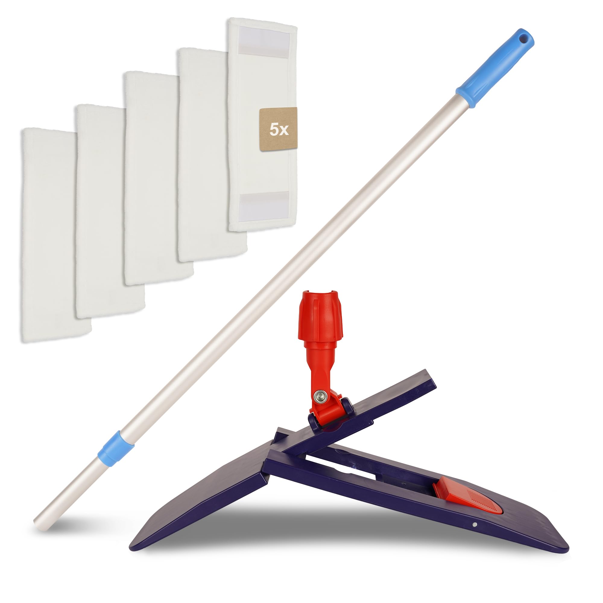 G.I.V. Bodenwischer Set 50cm Klapphalter mit Trittmechanik & Magnetverschluss + Teleskopstiel ausziehbar 88-150cm inkl. 5X Mikrofaser Wischmopp - Wischer Bodenreinigung - Gebäudereinigung