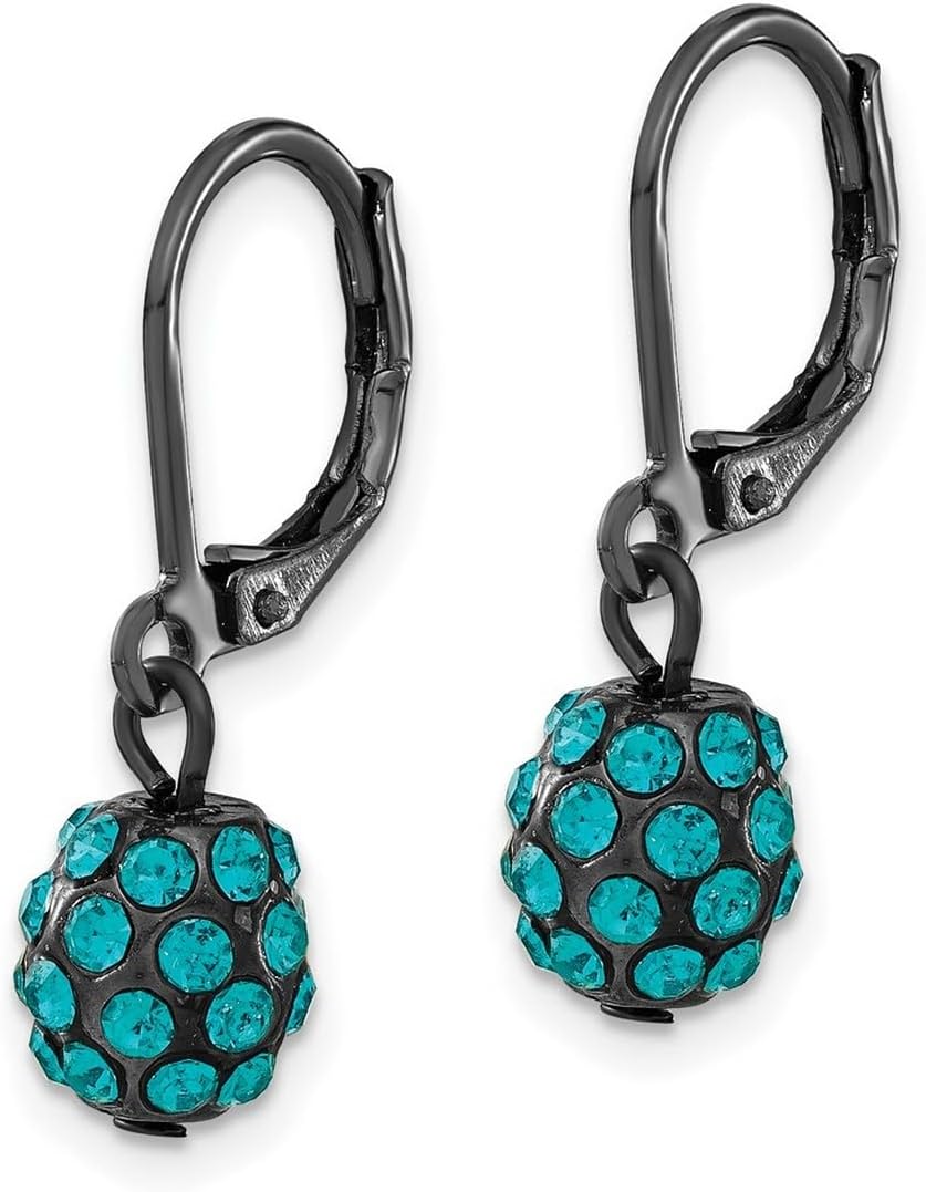 Black Plated Teal Crystal Fireball Leverback Earrings 28x7mm Wide Ball Earring for Women