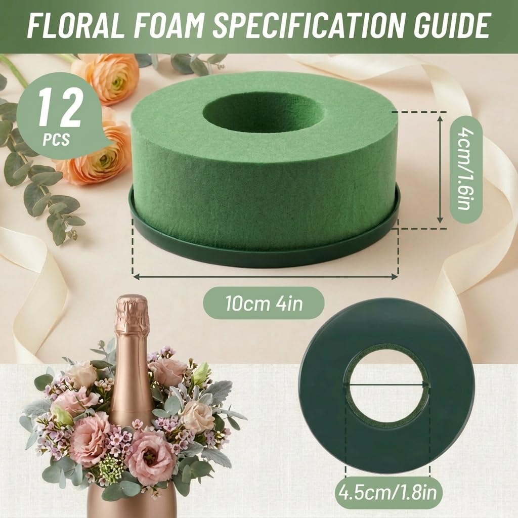 12 Pack Floral Foam Round Blocks with Base, Green Foam Inserts for Wine Bottle Topper Flower Arrangements, Floral Foam for Floral Design, Wedding Centerpieces and DIY Decor (3.9 x 1.8 in)