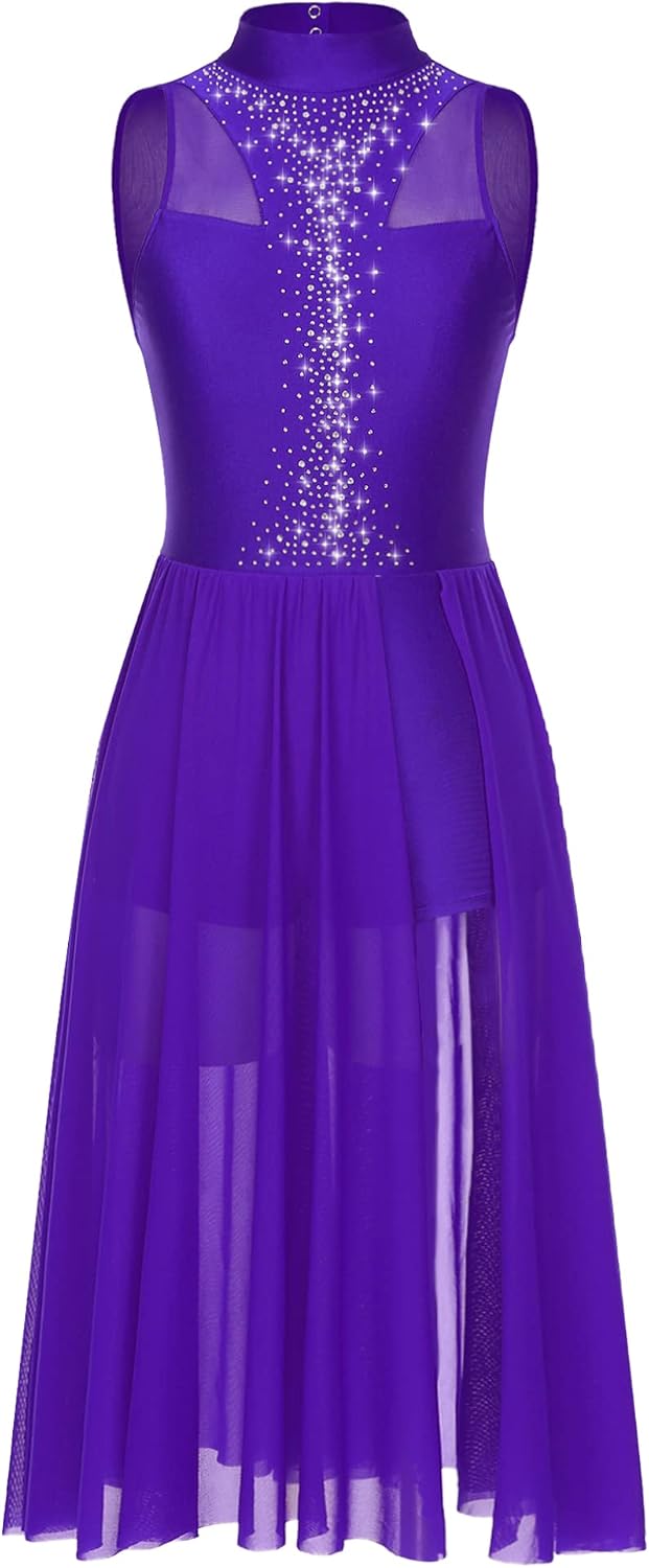 JEATHA Women Shiny Rhinestone Lyrical Dance Dress Sleeveless Back Keyhole Dance Performance Costume