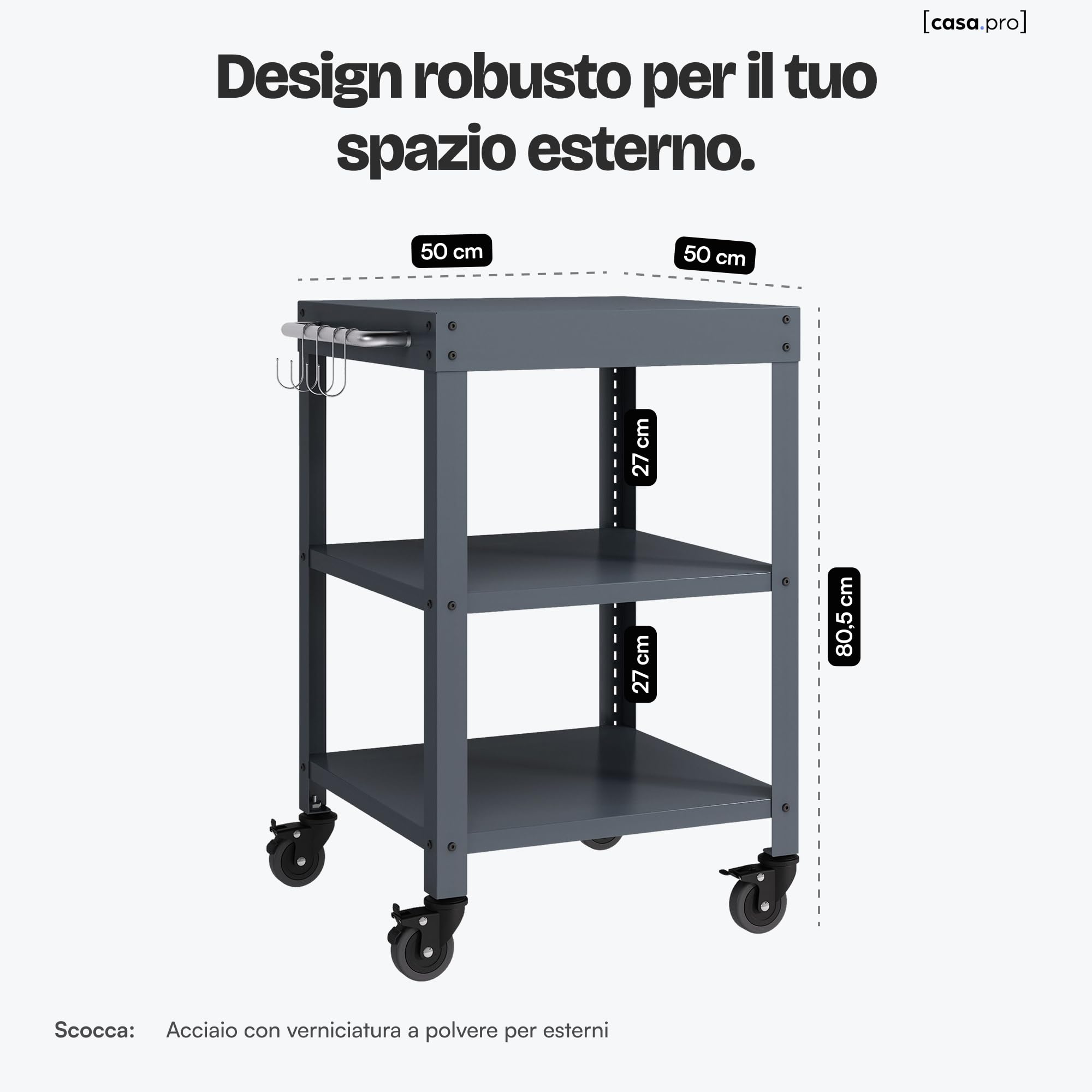 casa.pro Carrello Portavivande da Giardino in Acciaio con 3 Ripiani e Ruote Carrello Portatutto Da Cucina Servizio Portata a Rotelle 81x50x50 cm - Grigio Scuro opaco