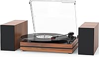 seasonlife Vintage Belt-Drive Record Player with Bluetooth & Dual External Speakers, 3-Speed Vinyl Turntable, Auto Stop, Wood Red