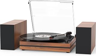 seasonlife Vintage Belt-Drive Record Player with Bluetooth & Dual External Speakers, 3-Speed Vinyl Turntable, Auto Stop, Wood Red