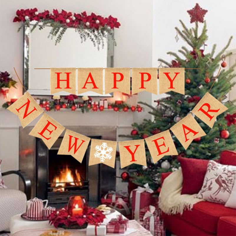 Amosfun 1 Set of Burlap Happy New Year Hanging Banner, 2026 New Year Party Photo Background - Image 2