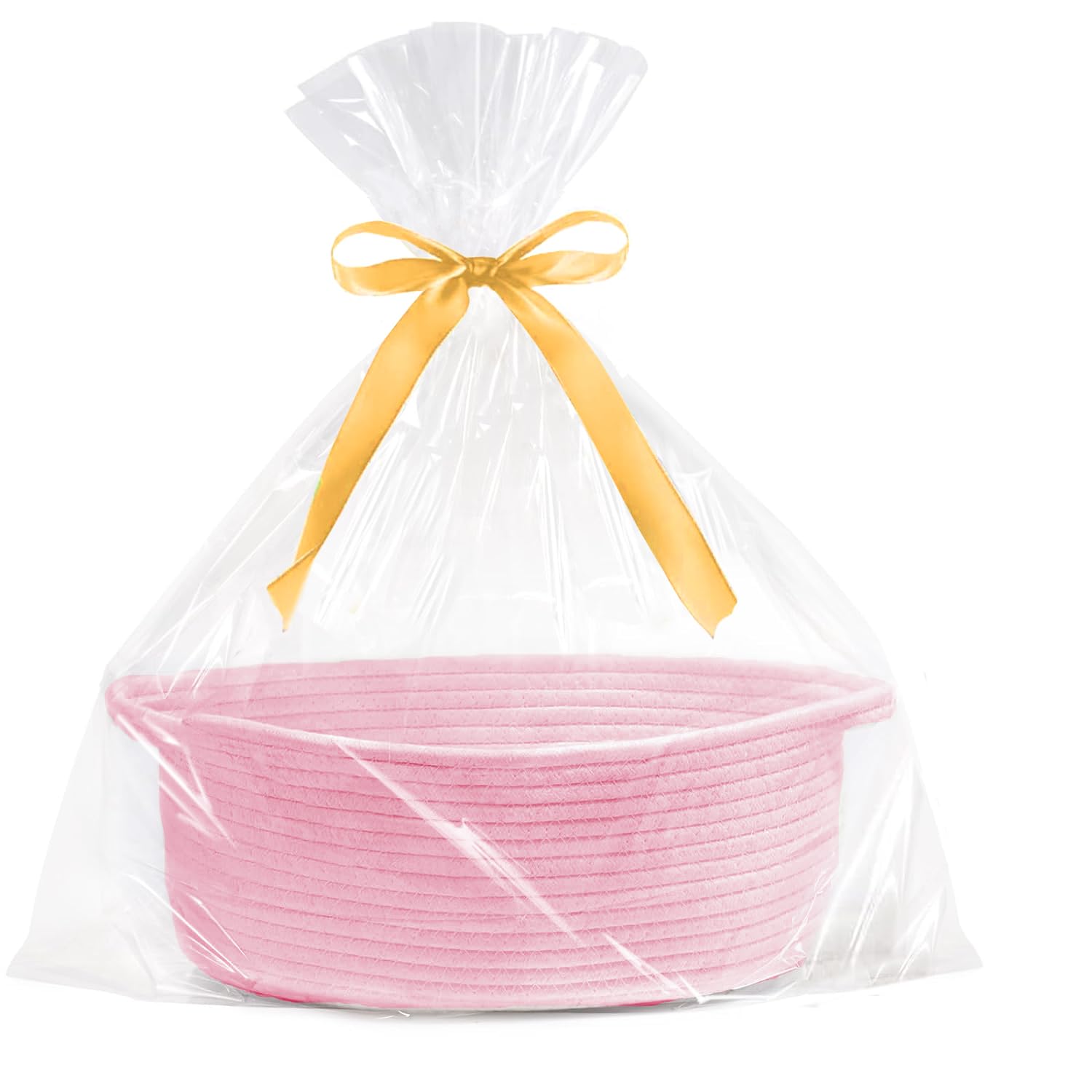 GIFTEXPRESS Pink Woven Gift Basket with Clear Bag & Ribbon - 13" x 8" x 5" Cotton Rope Empty Decorative Christmas Gifting Basket with Handle - Soft