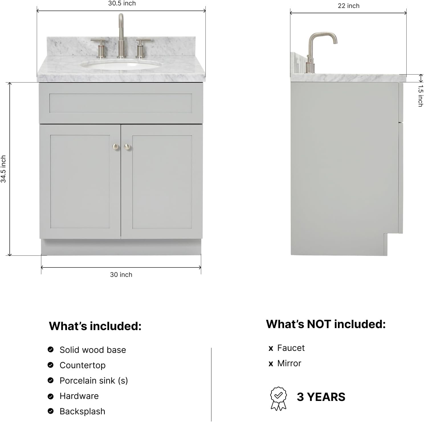 ARIEL Hamlet 30-inch Bathroom Vanity with Sink,Solid Wood, 1.5-inch Italian Carrara Marble Countertop & Backsplash, Single Rectangular Porcelain Sink, 2 Soft Closing Doors, Brushed Nickel, Grey