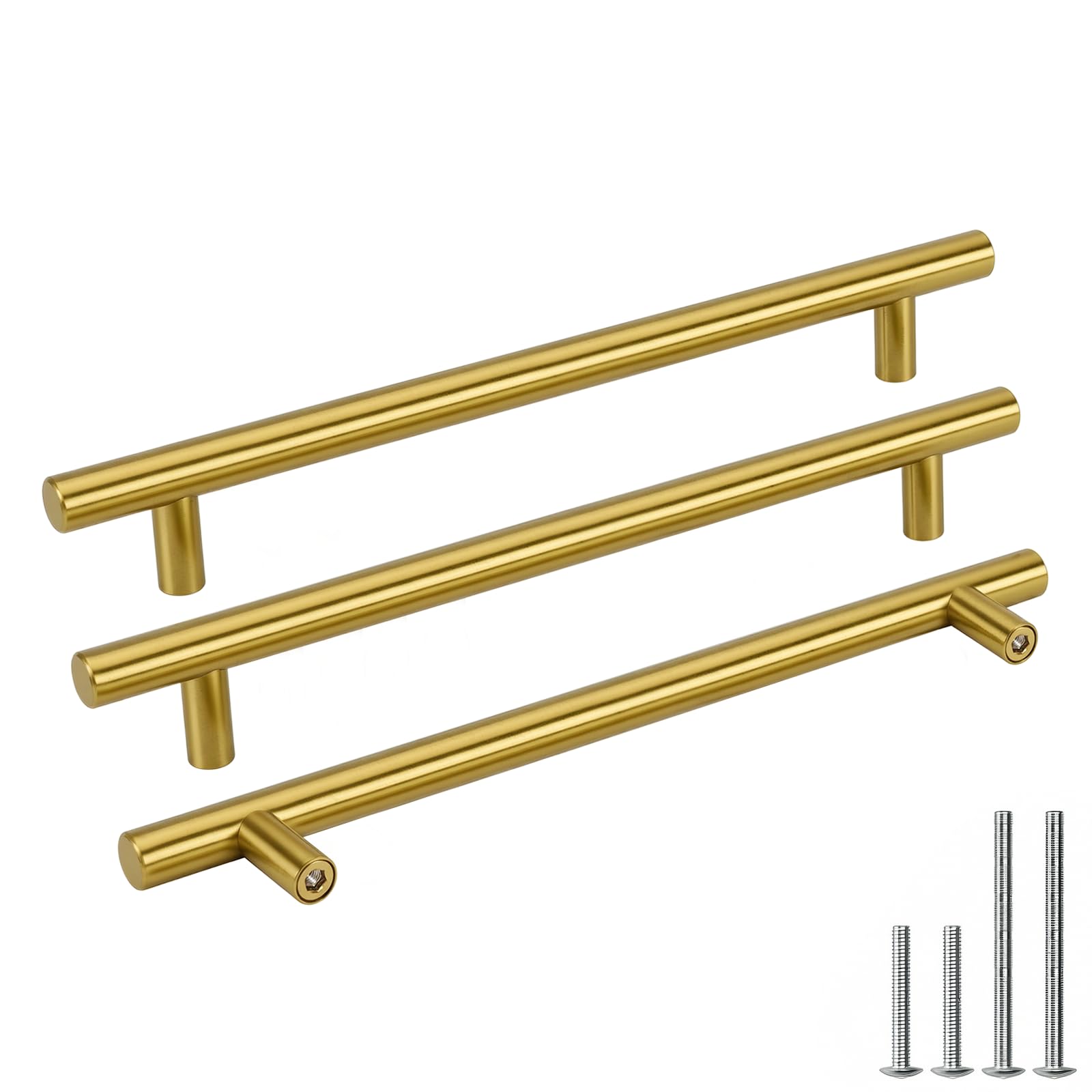 Goldenwarm 25pcs Brushed Brass Kitchen Cabinet Hardware Handle 12mm Diameter T Bar Handles Furniture Gold Door Drawer Pulls Knobs Hole Spacing 224mm 8-4/5in