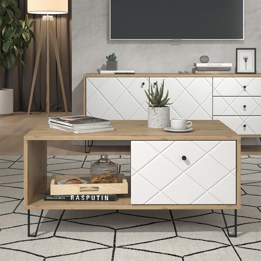 Vicco Mesa de Centro Nizza, Roble Artesanal, 90.2 x 59.4 cm | con compartimento abierto y cajón, para usar como superficie de apoyo junto a la cama