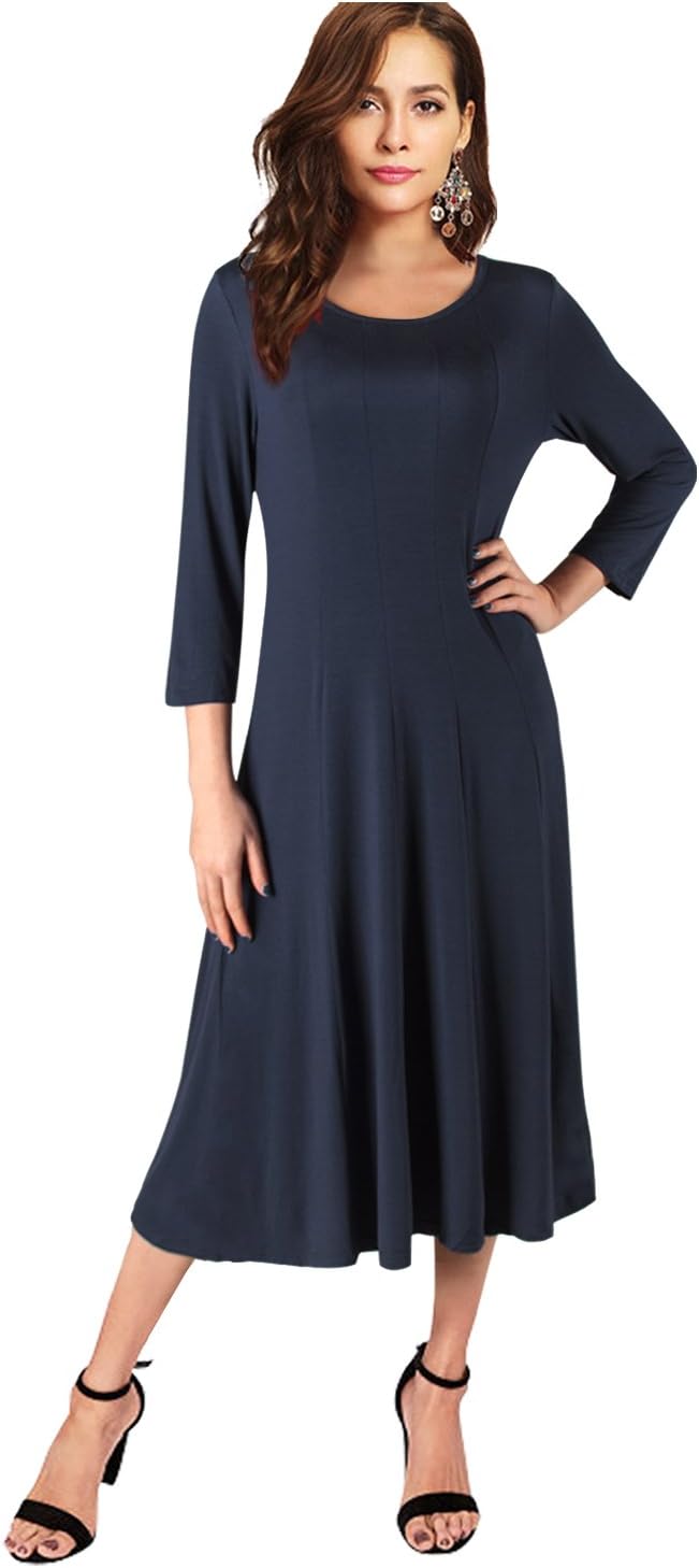 XINGONGCHENG Women's 3/4 Sleeve Plain Midi Dresses A-Line and Flare Casual Long Dress Navy Blue XXL