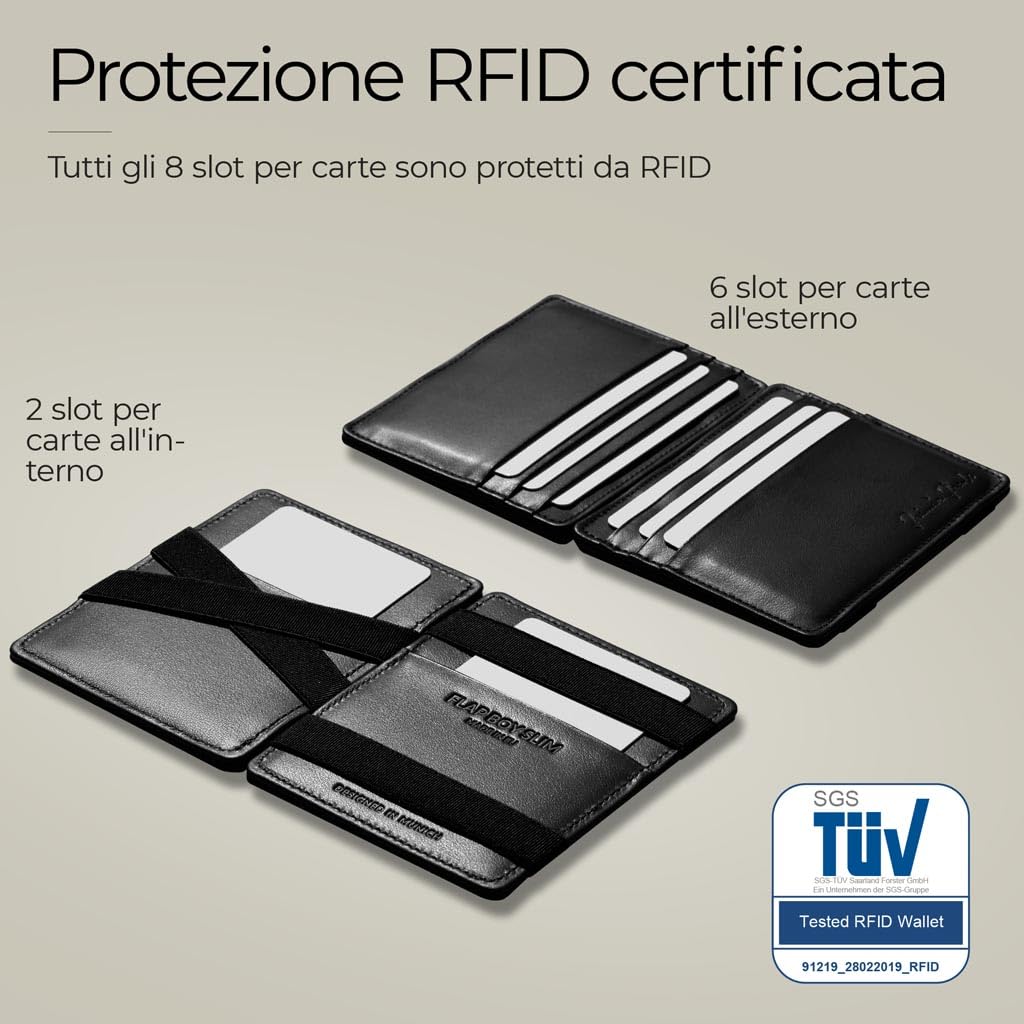 Jaimie Jacobs Flap Boy Slim Magic Wallet - Portafoglio magico con protezione RFID per carte di credito da uomo, in vera pelle, colore: nero