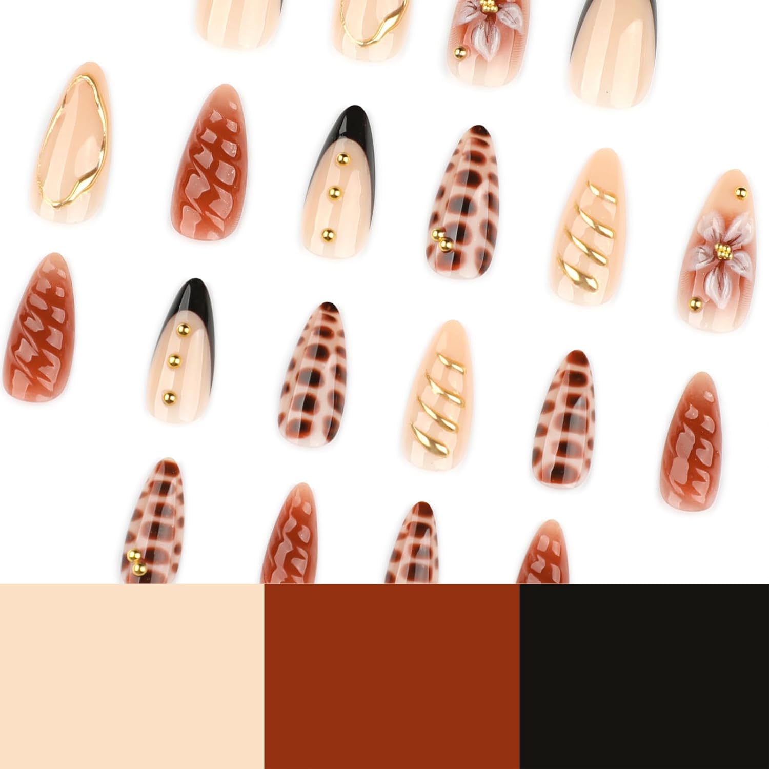 Flower Press On Nails Medium Square Gold Pearl Star Nude Pink_voghion.com