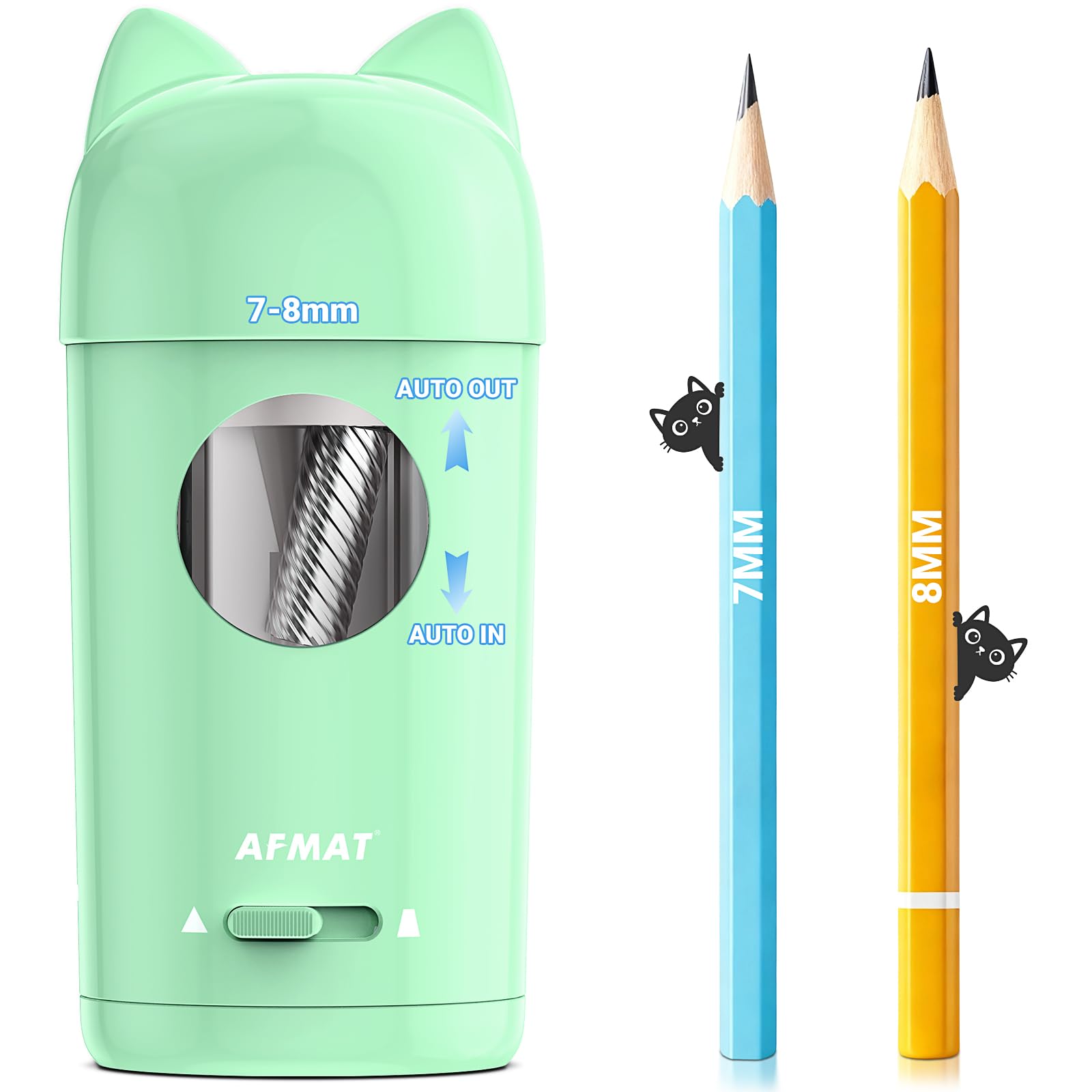 AFMAT Sacapuntas eléctrico, sacapuntas totalmente automático para lápices de colores de φ7-8 mm, entrada y salida automática, recargable e inalámbrica, sacapuntas de colores manos libres para aula