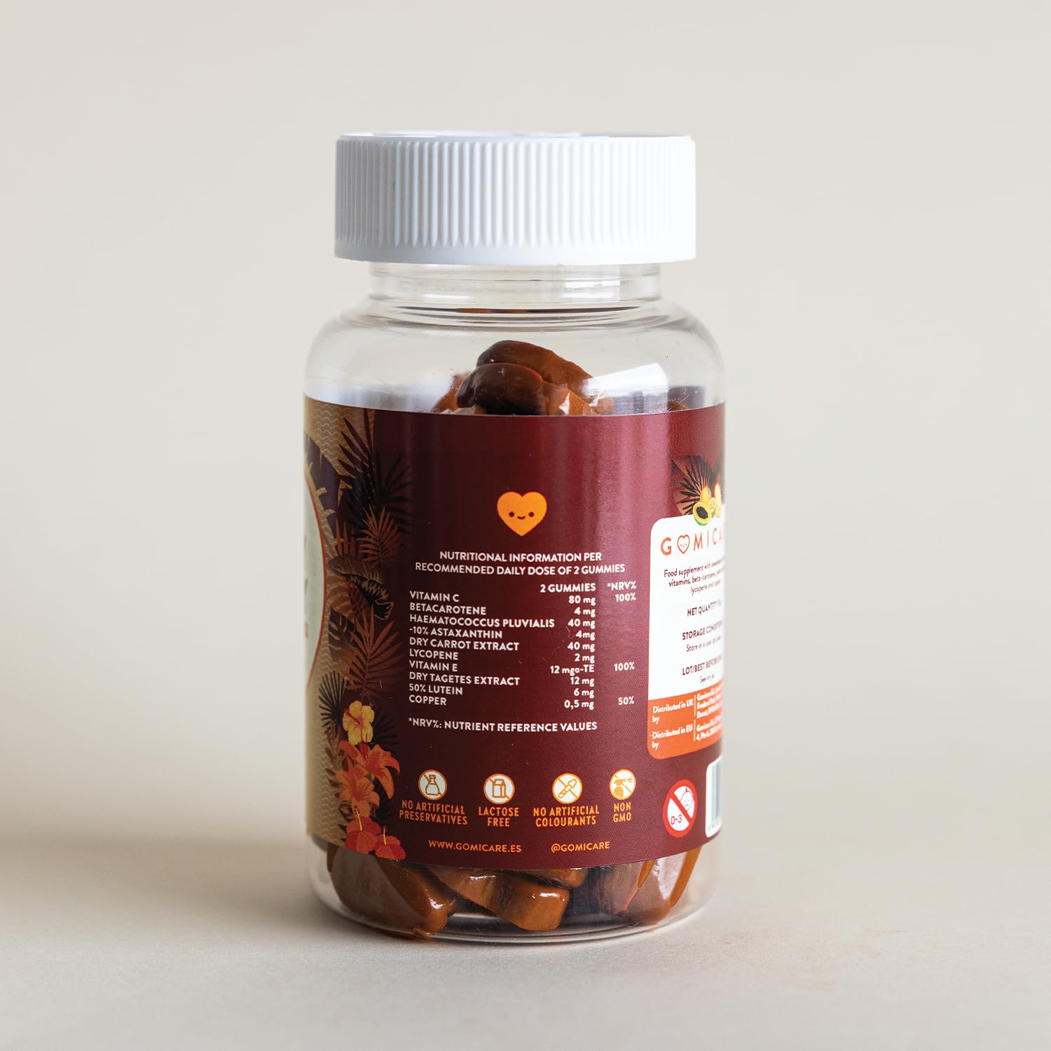 Gummies Solaire Autobronzant au Beta Carotene, Astaxanthine, Luteine, Lycopene et Cuivre – Gummies (Bonbons) Bronzage pour une Peau Dorée et Protegee – 60 unités – Sans Sucre – Sans Gluten