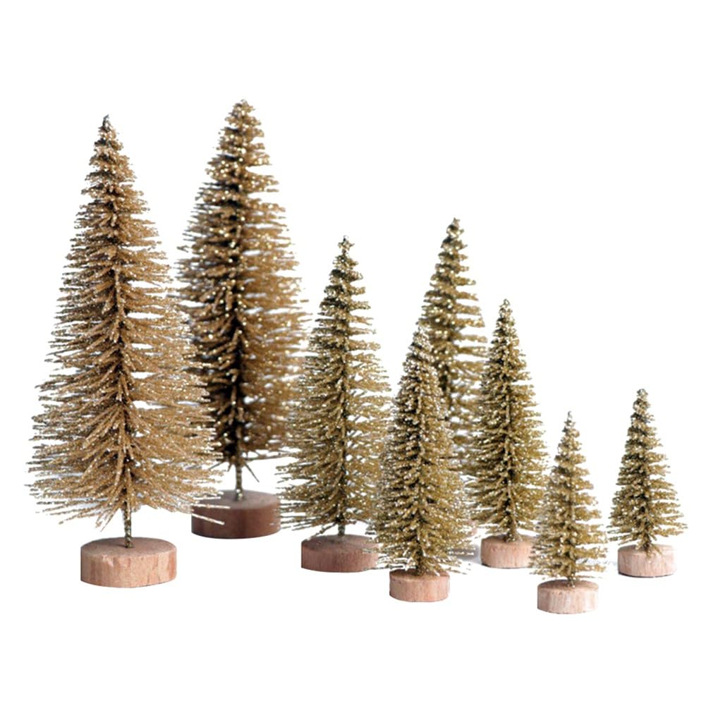 8 Pcs Mini Christmas Tree,Miniature Christmas Trees with Wood Base,Gold Bottle Brush Trees Village Tabletop Xmas Tree for Christmas Ornaments Winter