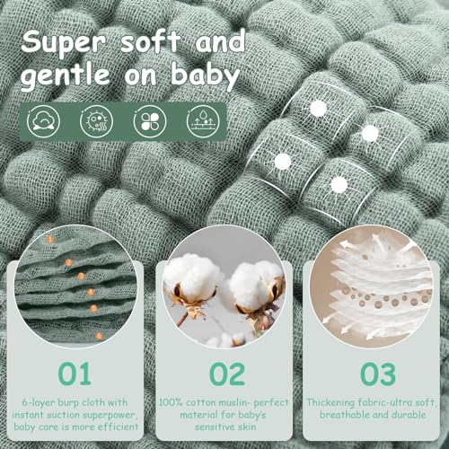 Image of Looxii Muslin Burp Cloths 100% Cotton Muslin Cloths Large 20''x10'' Extra Soft and Absorbent 6 Pack Baby Burping Cloth for Boys and Girls White+Green